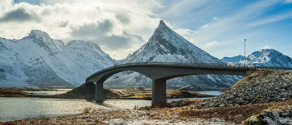Fredvang Bridges and Volandstinden in Flakstad, Nordland, Norway, 2017 April