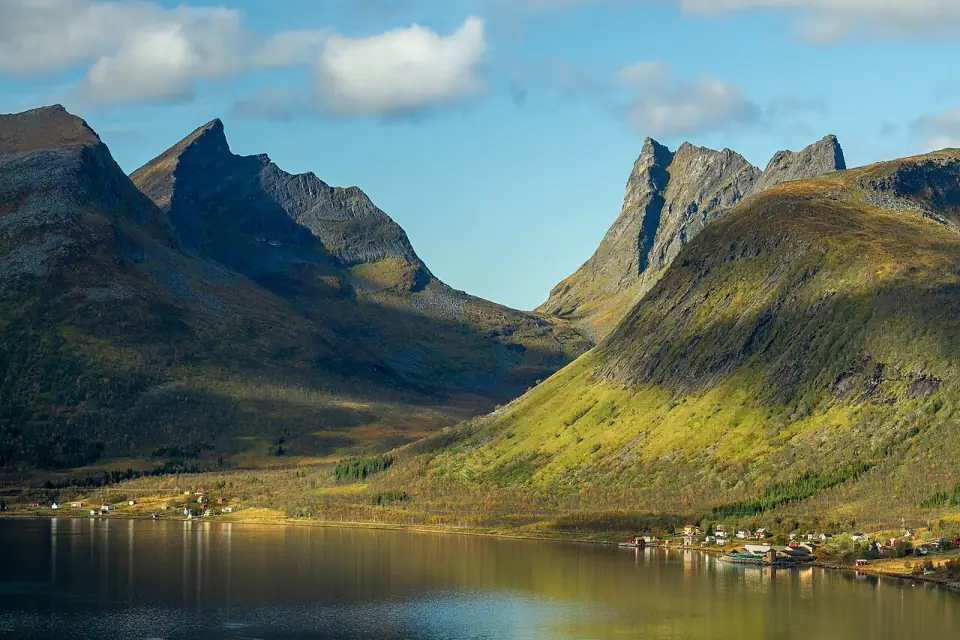 Fuglan and Luttinden mountains behind Bergsbotn and Innergården, Senja, Troms og Finnmark, Norway, 2015 September